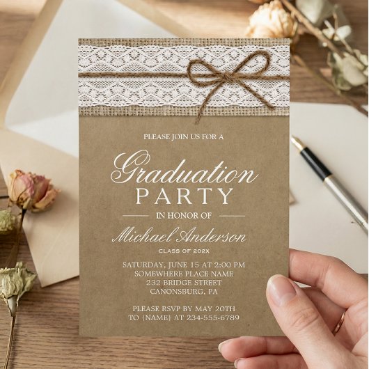 Graduation Party Rustic Burlap String Bow Lace Kaart