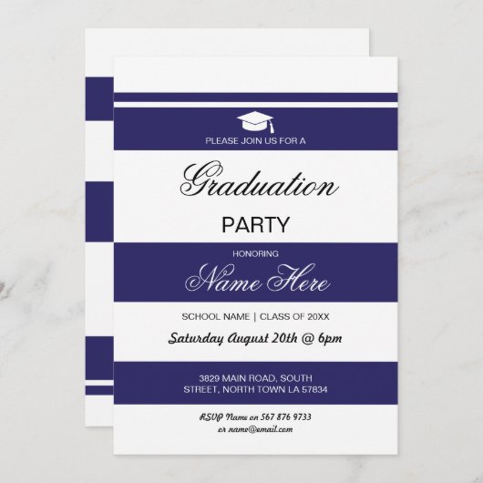 Graduation Party Stripe Marine White Invitation Gr (Devant / Derrière)