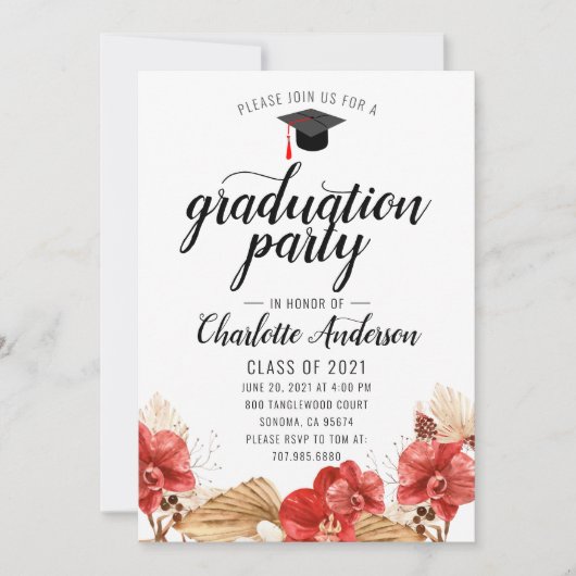 Graduation Party Waterverf Floral Invitation Kaart (Voorkant)