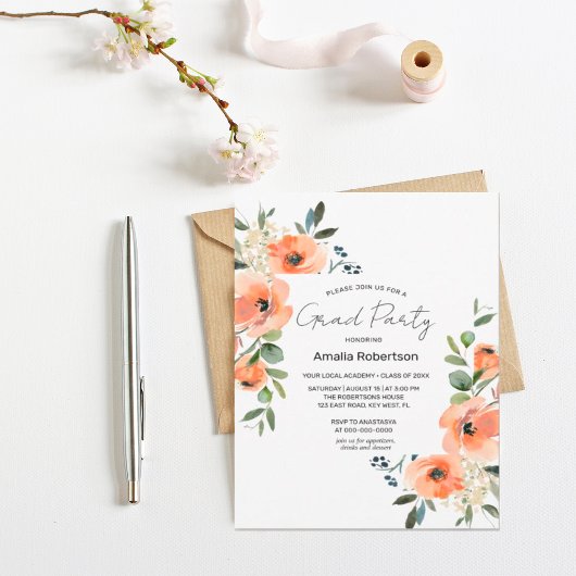 Graduation Peach Floral and Green INVITATION