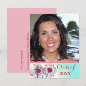 Graduation Photo Invitation Pink Blue Aqua Floral (Devant / Derrière)