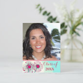 Graduation Photo Invitation Pink Blue Aqua Floral (Debout devant)