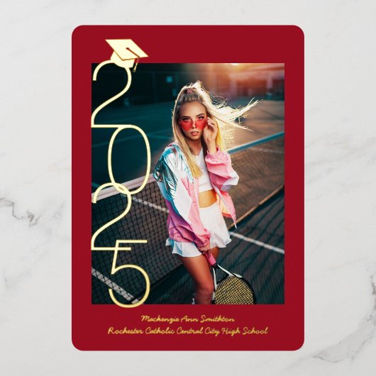 Graduation Photo Script Chic Faire-part rouge or (Recto)