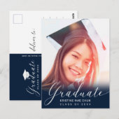 Graduation Photo Script moderne Bleu Invitation (Devant / Derrière)
