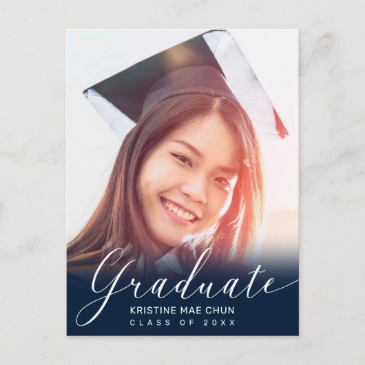 Graduation Photo Script moderne Bleu Invitation (Devant)