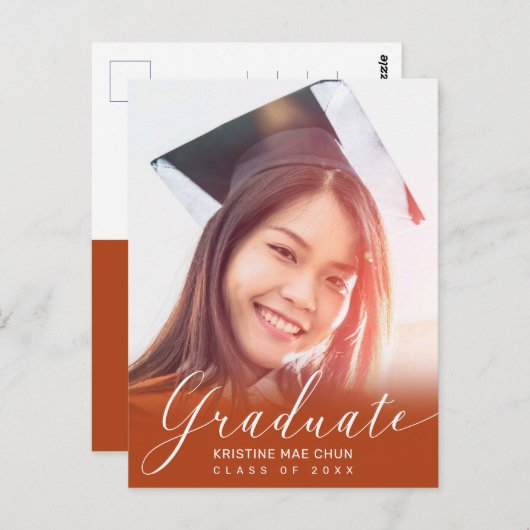 Graduation Photo Script moderne Orange Invitation (Devant / Derrière)