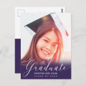 Graduation Photo Script moderne Purple Invitation (Devant / Derrière)