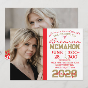Graduation Rouge, Or et Blanc 2 Photo Invitation