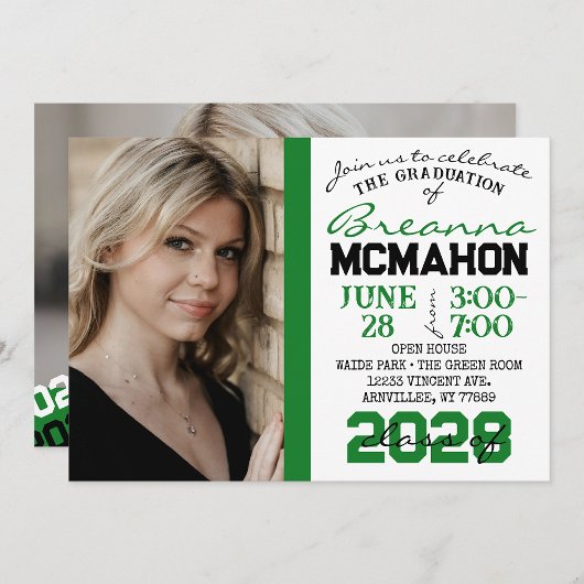 Graduation verte, noire et blanche 2 Invitation ph
