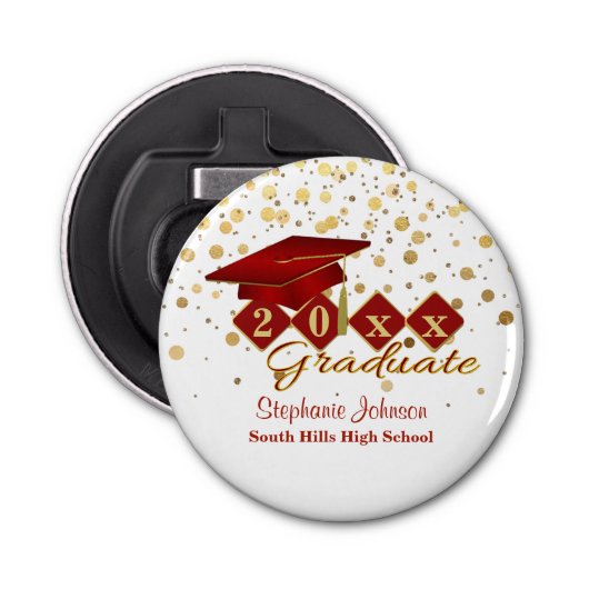 Gradupafkap Red Gold Confetti, op maat gemaakt Button Flesopener (Voorkant)
