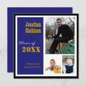 GraduPartij 3 Fotoblauwe uitnodiging (Voorkant / Achterkant)