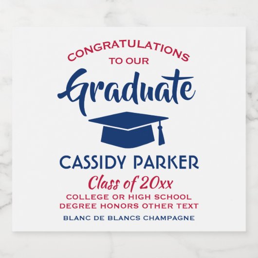 GraduPartij Gefeliciteerd Elegant Rood en Blauw Sparkling Wijnetiket (Enkel label)