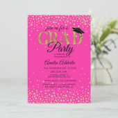 GraduPartij Hot Pink Black Gold Glitter Foto Kaart (Staand voorkant)