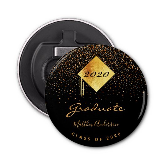 Graduparty afstuderen zwarte gouden confetti button flesopener (Voorkant)