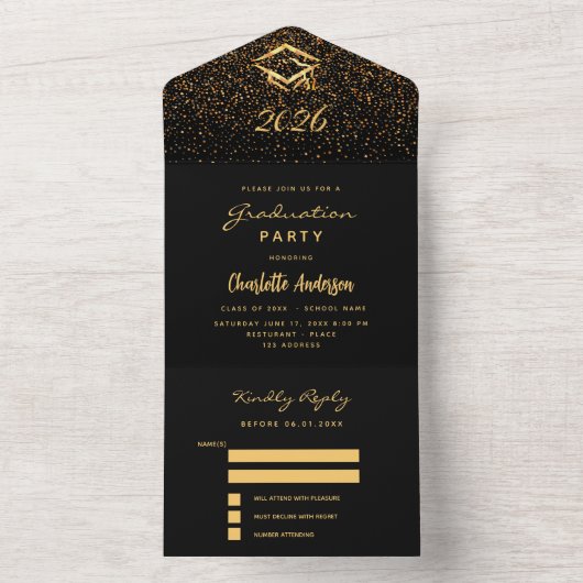Graduparty Black gold confetti RSVP All In One Uitnodiging (Binnen)