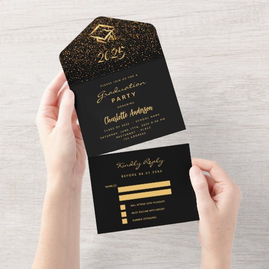 Graduparty Black gold confetti RSVP All In One Uitnodiging (Afscheurbaar)