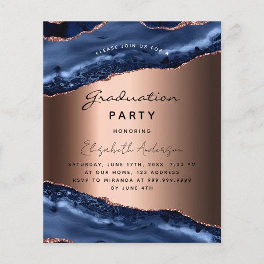 Graduparty blue agate roos budget uitnodiging flyer (Voorkant)