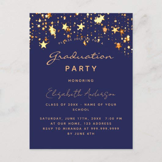 Graduparty navy blue gold sterren uitnodiging briefkaart (Voorkant)