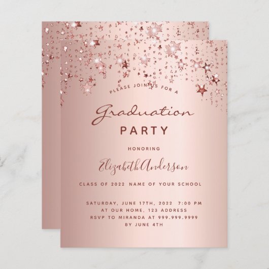 Graduparty roos gouden sterren uitnodiging (Voorkant / Achterkant)