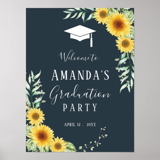 Graduparty sign sunflower navy blue poster (Voorkant)