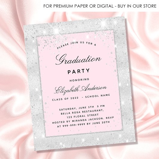 Graduparty zilverblush glitterstof elegant uitnodiging briefkaart