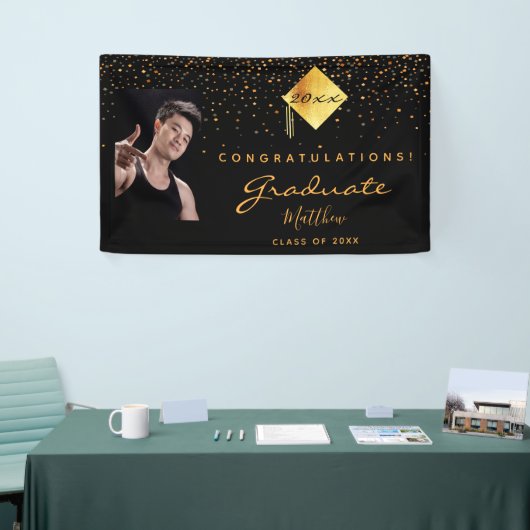Graduparty zwarte gouden confetti foto spandoek (Beurs)