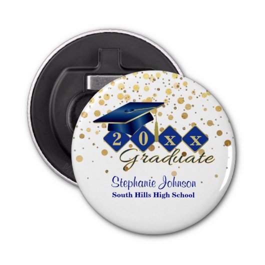 Gradupkap Blue Gold Confetti - speciaal aangepast Button Flesopener (Voorkant)