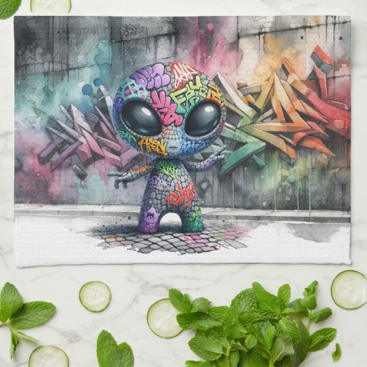 Graffiti Alien Serviette de cuisine (Plié)