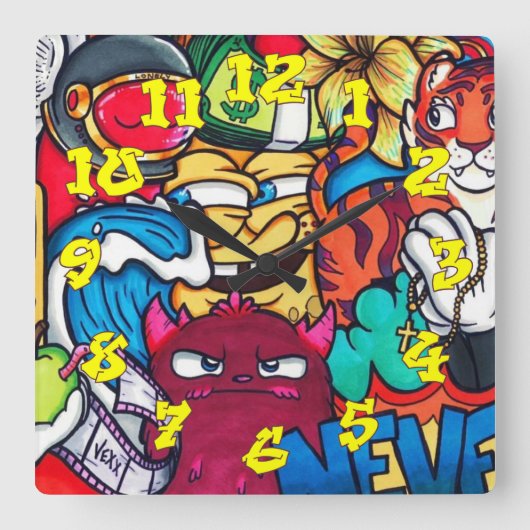 Graffiti Background w/Graffiti Numbers-14 Vierkante Klok (Voorkant)