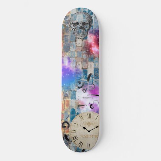 Graffiti, bakstenen muur, schedel, klok, graphics skateboard (Voorkant)