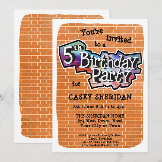 Graffiti cool Art 5e anniversaire Invitation de fê (Devant / Derrière)