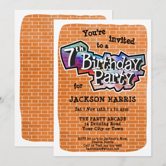 Graffiti cool Art 7e anniversaire Invitation de fê (Devant / Derrière)