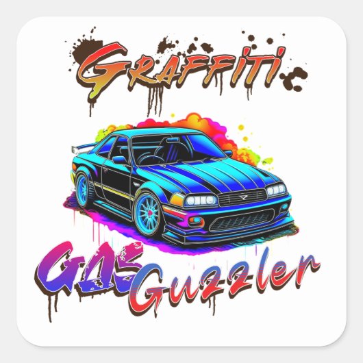 GRAFFITI GAS GUZZLER - DRIFT CAR VIERKANTE STICKER (Voorkant)