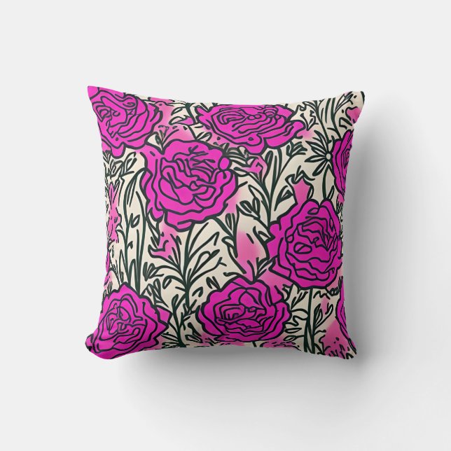 Graffiti geïnspireerd Roos Patroon roze zwart Kussen (Voorkant)