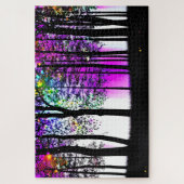 Graffiti gekleurde lucht over zwart silhouet bos legpuzzel (Verticaal)