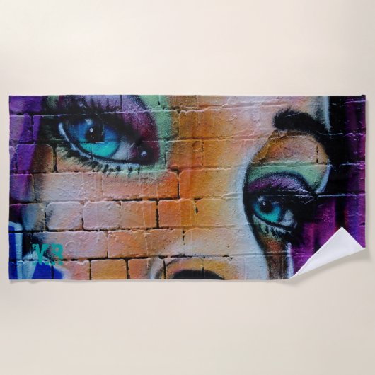 Graffiti Girl Paars Blue Eyes Monogram Strandlaken (Voorkant)