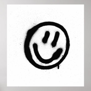 graffiti glimlachend gezicht emoticon zwart op wit poster