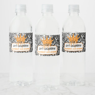 Graffiti Kroon Oranje Laten we verjaardag vieren Waterfles Etiket