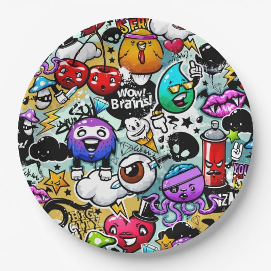 Graffiti-kunst met gekke vruchten en groenten papieren bordje (Voorkant)