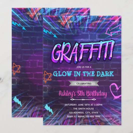 Graffiti luisant neon invitation anniversaire (Devant / Derrière)