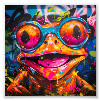 Graffiti Veelkleurige Kikker met Bril Foto Afdruk