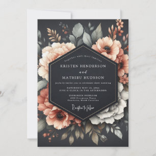 Grafiet Koraal Sombere Bloemen Bruiloft Kaart