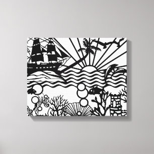 Grafisch B&W zeilschip onder water Canvas Afdruk