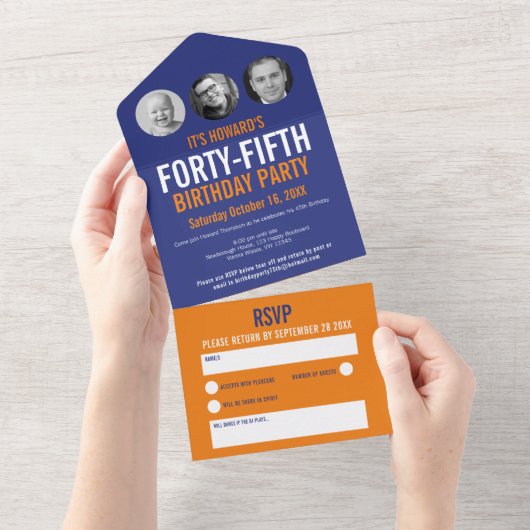 Grafisch blauw oranje fotocirkels 45e verjaardag all in one uitnodiging (Afscheurbaar)