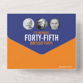 Grafisch blauw oranje fotocirkels 45e verjaardag all in one uitnodiging (Achterkant)