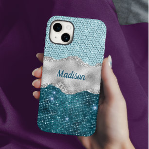 Grafisch blauwgroen mint groen glitter zilver mono Case-Mate iPhone 14 hoesje