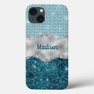 Grafisch blauwgroen mint groen glitter zilver mono iPhone 13 hoesje