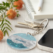 Grafisch blauwgroen mint groen glitter zilver mono sleutelhanger (Voorkant Rechts)