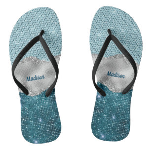 Grafisch blauwgroen mint groen glitter zilver mono teenslippers