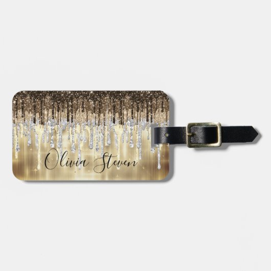 Grafisch goudbruine druppels glittermonogram bagagelabel (Voorkant horizontaal)